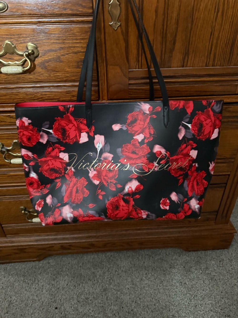 Victoria's Secret Black Tote with Red Rose Floral Print